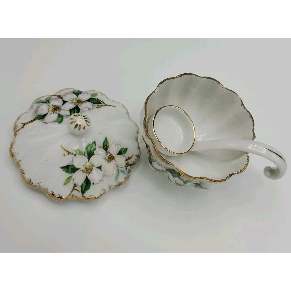 Vtg Dogwood Footed Guilded Serving‎ Mayonnaise Sugar Bowl Lid Spoon NW-DW-60
